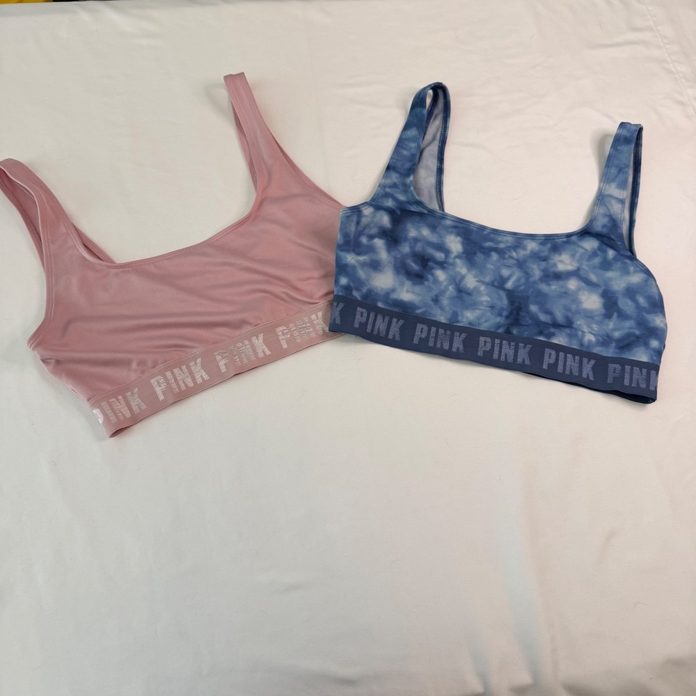 VS PINK Ultimate Sports Bra Bundle 2 Pack Pink Blue Tie Dye Medium